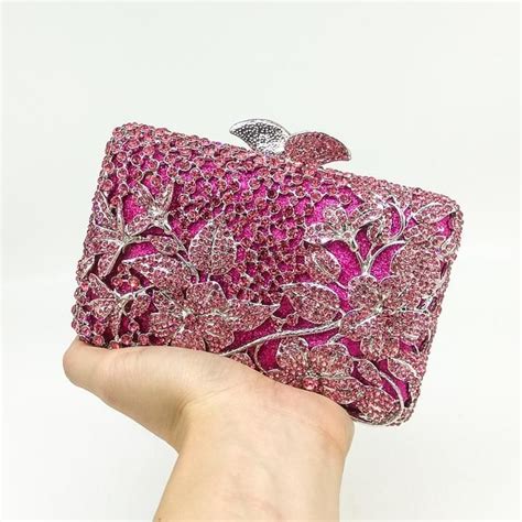 hot pink floral rhinestones evening clutch chain shoulder bag bridal purse crystal clutch