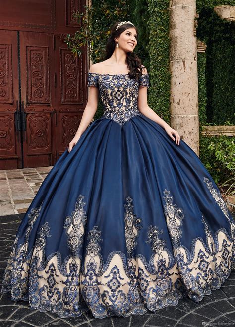 2021 navy blue nude off shoulder prom quinceanera dresses