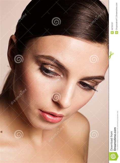 Woman With Flawless Skin And Wet Eyeshadows Stock Image Image Of Look