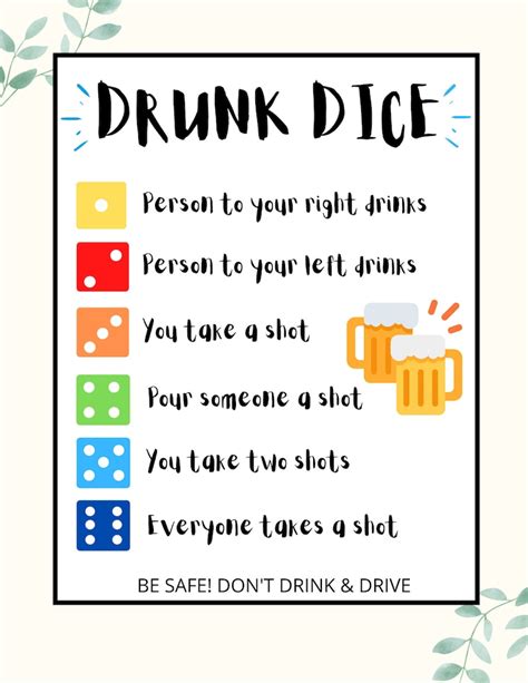 drunk dice party drinking games printable games  adults etsy france