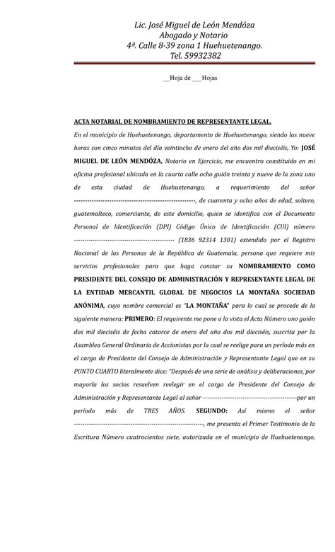 Acta Notarial Representante Legal La Montaña Lic Miguel De Abogado