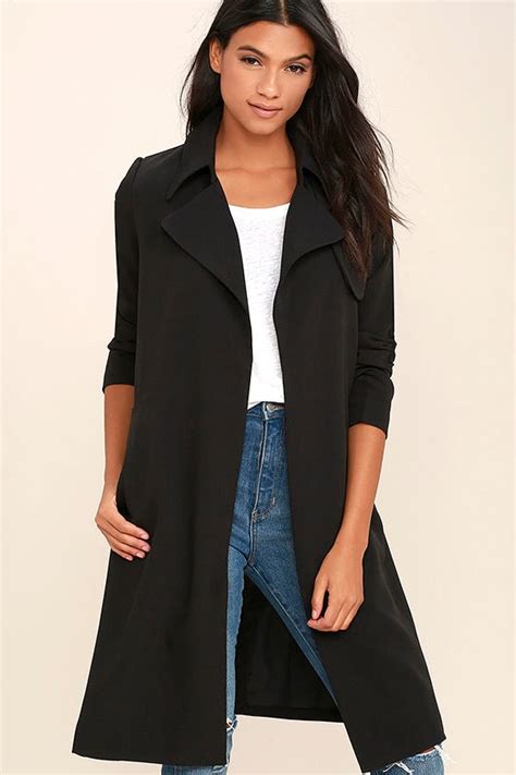 stylish black coat trench coat open front coat  lulus