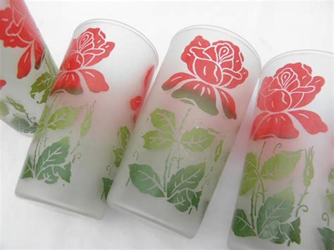red roses vintage frosted glass drinking glasses set of 6 retro swanky
