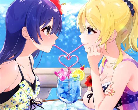 2girls Ayase Eri Blonde Hair Blue Eyes Blue Hair Breasts Cleavage Close