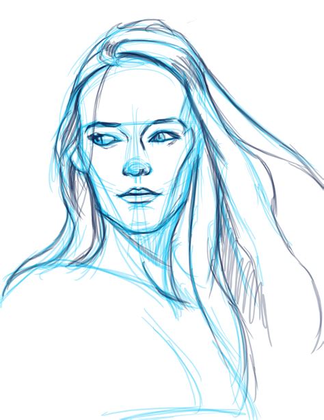 drawing   womans face  long hair  blue lines
