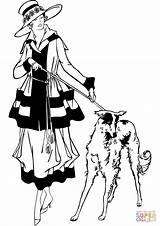 Coloring Dog Walking 1920s Woman Vintage Pages Fashion Style Book Postcard Public Clipart Retro Lady Drawing 1930s 1940s Domain Cartoon sketch template