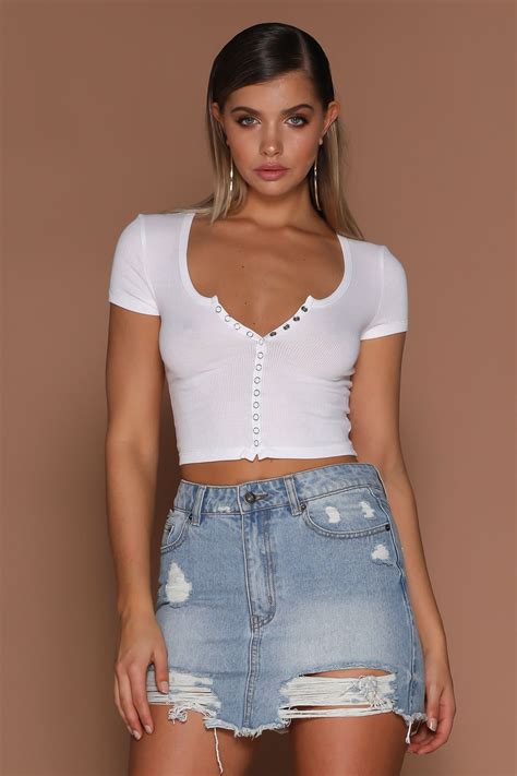 basia button  crop top white meshki fashion denim mini skirt