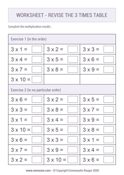 Printable Worksheet Revise The 3 Times Table Memozor