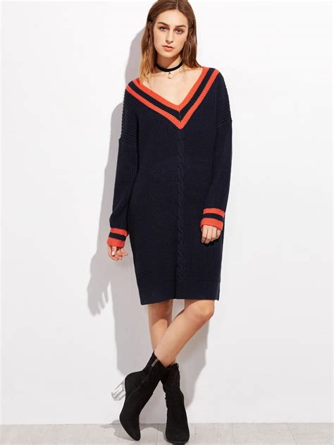 navy v neck striped trim cable knit sweater dressfor women romwe