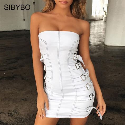 Sibybo Strapless Metal Button Summer Mini Dress Off Shoulder Sleeveless
