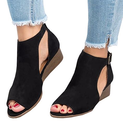 womens  heel wedge sandals open peep toe side cut  ankle buckle cushioned strap summer