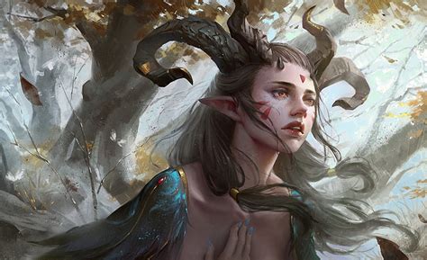 Fantasy Women Girl Grey Hair Horns Orange Eyes Pointed Ears