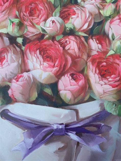painting  pink roses   white vase   purple ribbon   side