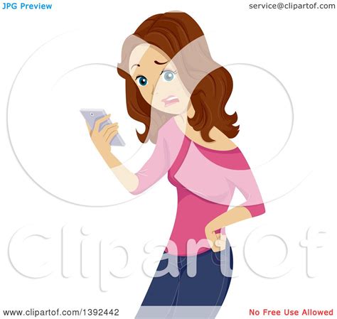 clipart of a brunette white teen girl being broken up with via text message royalty free