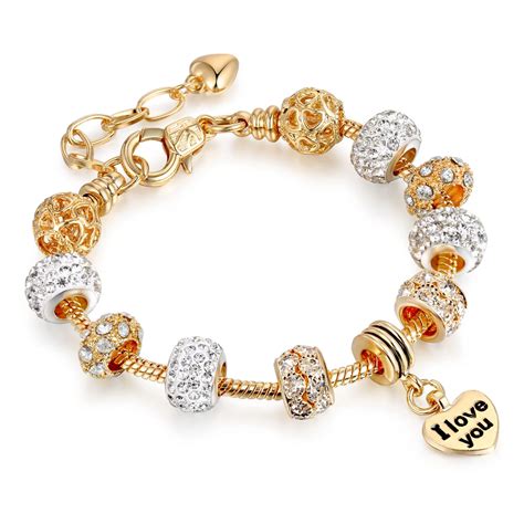 luxury crystal heart charm pandora bracelets bangles gold color bracelets  women femme