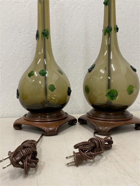Pair Of Mid Century Modern Hand Blown Glass Lamps With Green Prunt