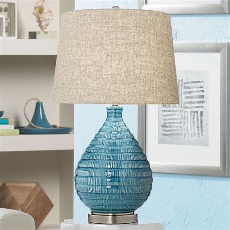 lighting mid century modern table lamp textured ceramic  high sky blue glaze linen fabric