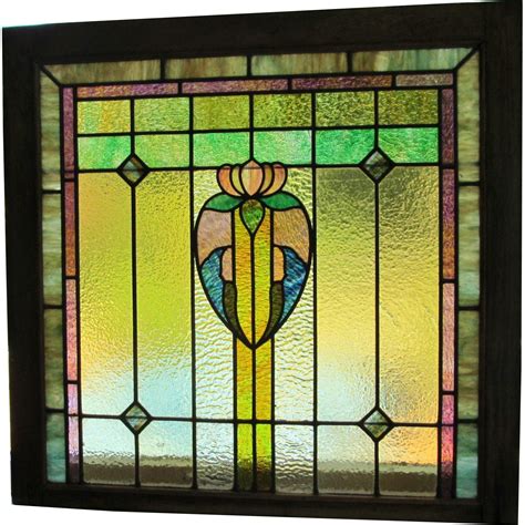 pair 2 stained glass window c 1910 oak frame leaded glass from