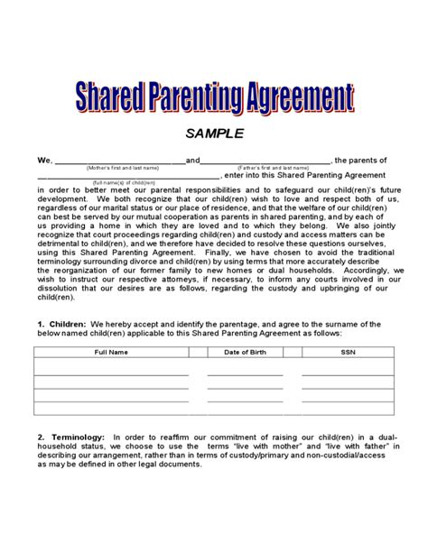 joint custody agreement form fillable printable  forms