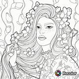 Coloring Pages Hair Girl Woman Recolor Flowers Beautiful Printable Long Girls Book Her Curly Crazy Pretty Adult Drawing Flower Adults sketch template