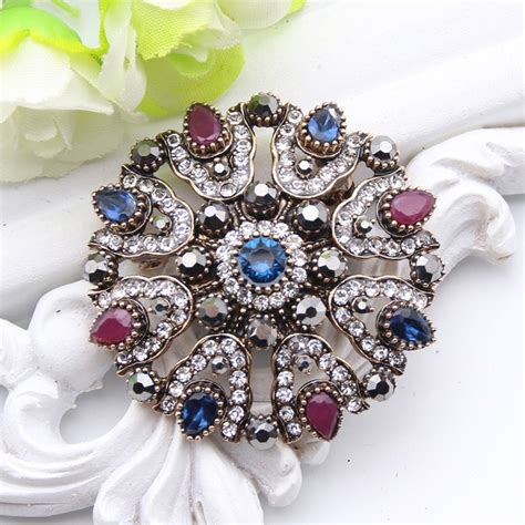 vintage turkish rhinestone flower brooch for women antique