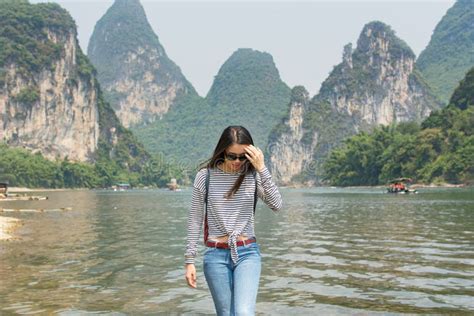 beautiful girl  li river  yangshou china stock image image  asia mountain