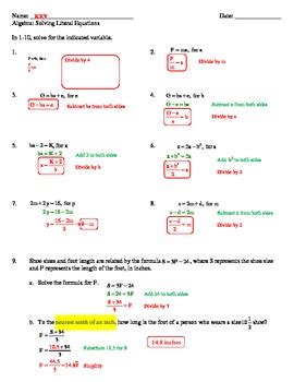 solving literal equations worksheet  common sense   common core