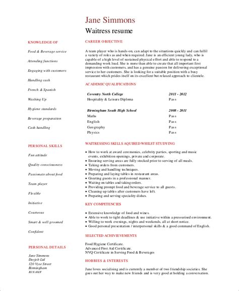 sample waitress resume templates   ms word