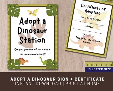 adopt  dinosaur printable sign  certificate dinosaur etsy uk
