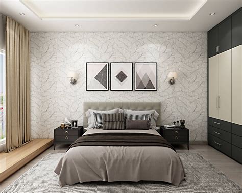 master bedroom design  light grey tufted bed wardrobe livspace