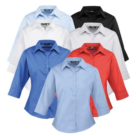 Premier Ladies 3 4 Sleeve Poplin Blouse Formal Easy Care Shirt Staff