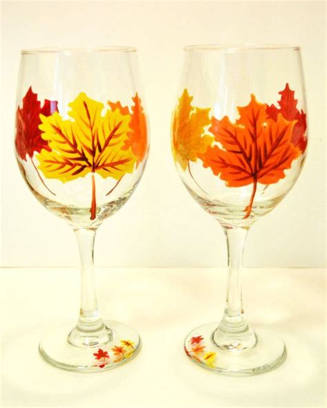 Fall Leaves Wine Glasses Handpainted Set Of By