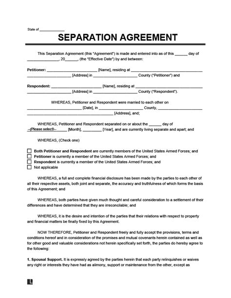 separation agreement form create   separation agreement