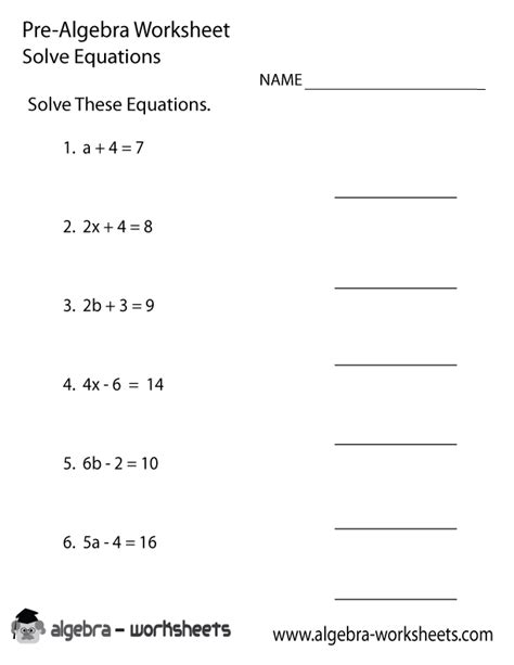 solve equations pre algebra worksheet printable