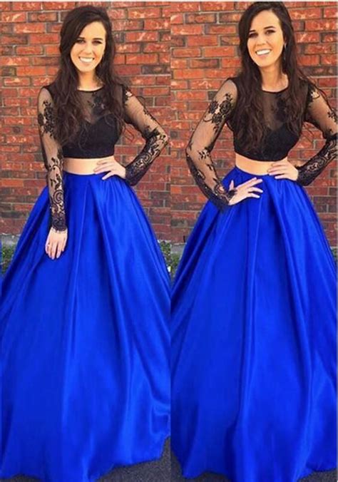 elegant   royal blue  black long sleeves  pieces lace  prom dresses royal
