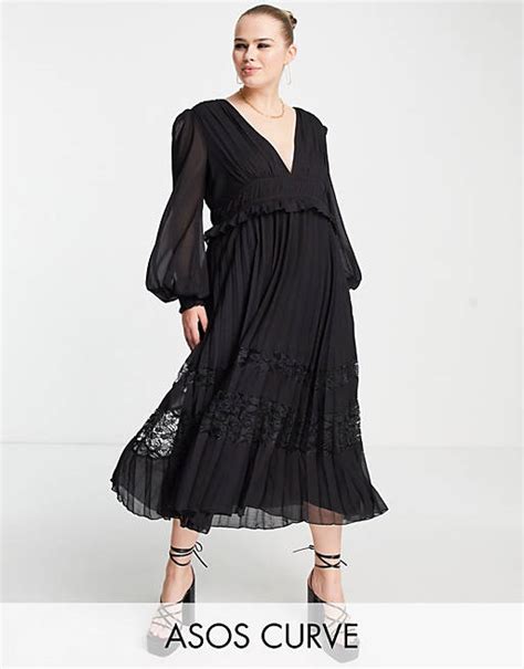 Asos Design Curve Exclusive Plunge Pleated Midi Dress With Lace Insert