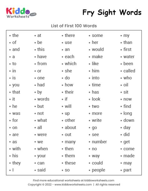 printable fry sight words list  worksheet kiddoworksheets