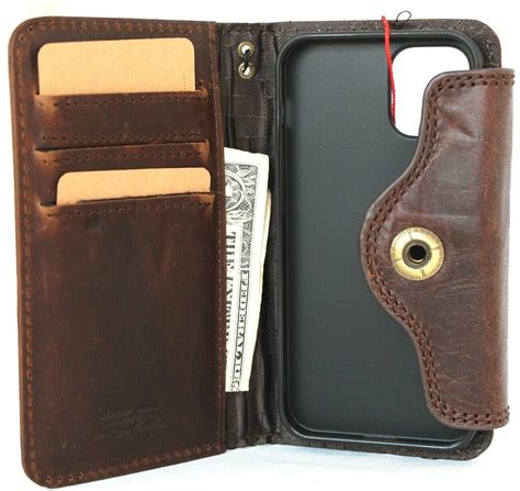 Genuine Natural Dark Leather Case For Apple Iphone 12 Mini Book Wallet