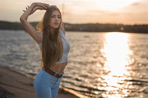 Women Model Dmitry Shulgin Sunlight Arms Up Women Outdoors Long Hair