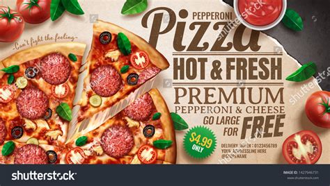 pepperoni pizza ads delicious ingredients  stock vector royalty   shutterstock