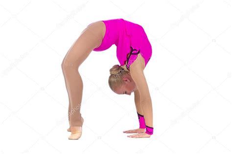 beautiful girl gymnast doing a exercise bridge — stock
