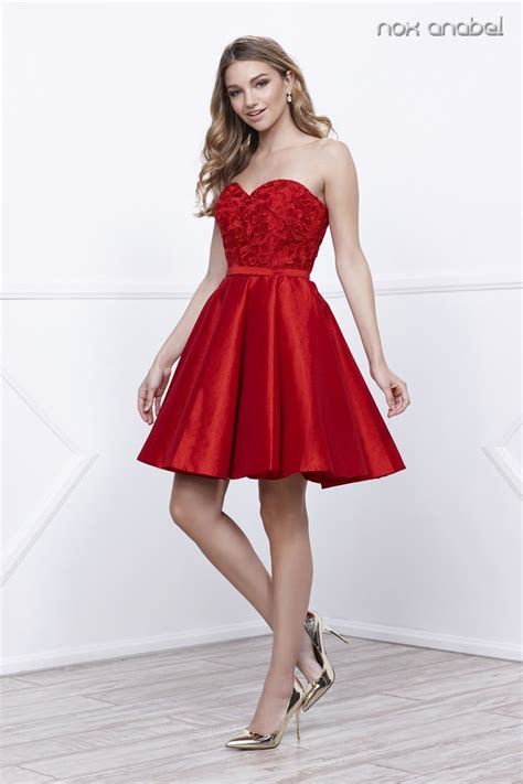 short strapless dress with lace applique by nox anabel 6265 red dress