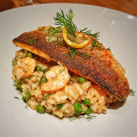 [i Made] Pan Fried Sea Bass On Seafood Risotto R Foodporn