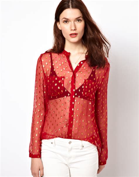 Aryn K Sheer Blouse With Metallic Gold Dots In Red Lyst