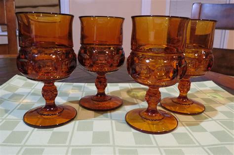Vintage Amber Glass Set Of Four Goblets With Kings Crown Etsy Glass