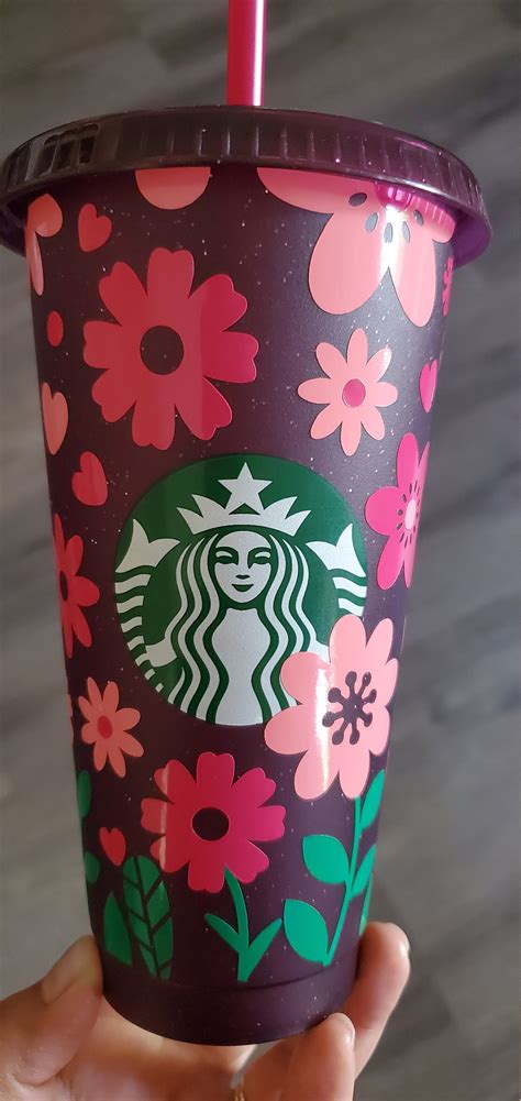 Spring Flowers Starbucks Cold Cup Glitter Maroon Straw And Etsy