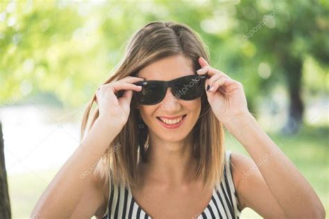 Summer Portrait Young Brunette Woman Playing With Her Sunglasses And