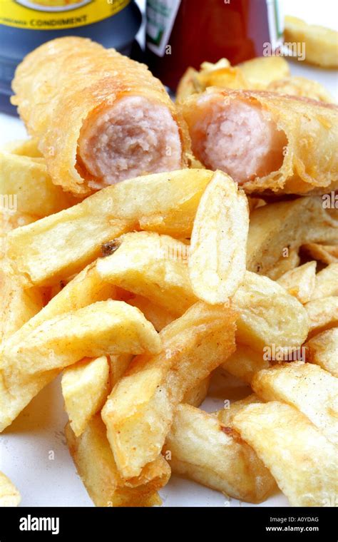 battered sausage  chips stock photo alamy