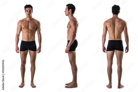 triple view  shirtless bodybuilder  front side stock photo