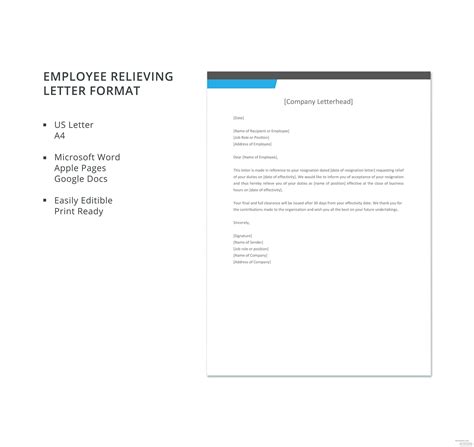 employee relieving letter format  microsoft word apple pages google